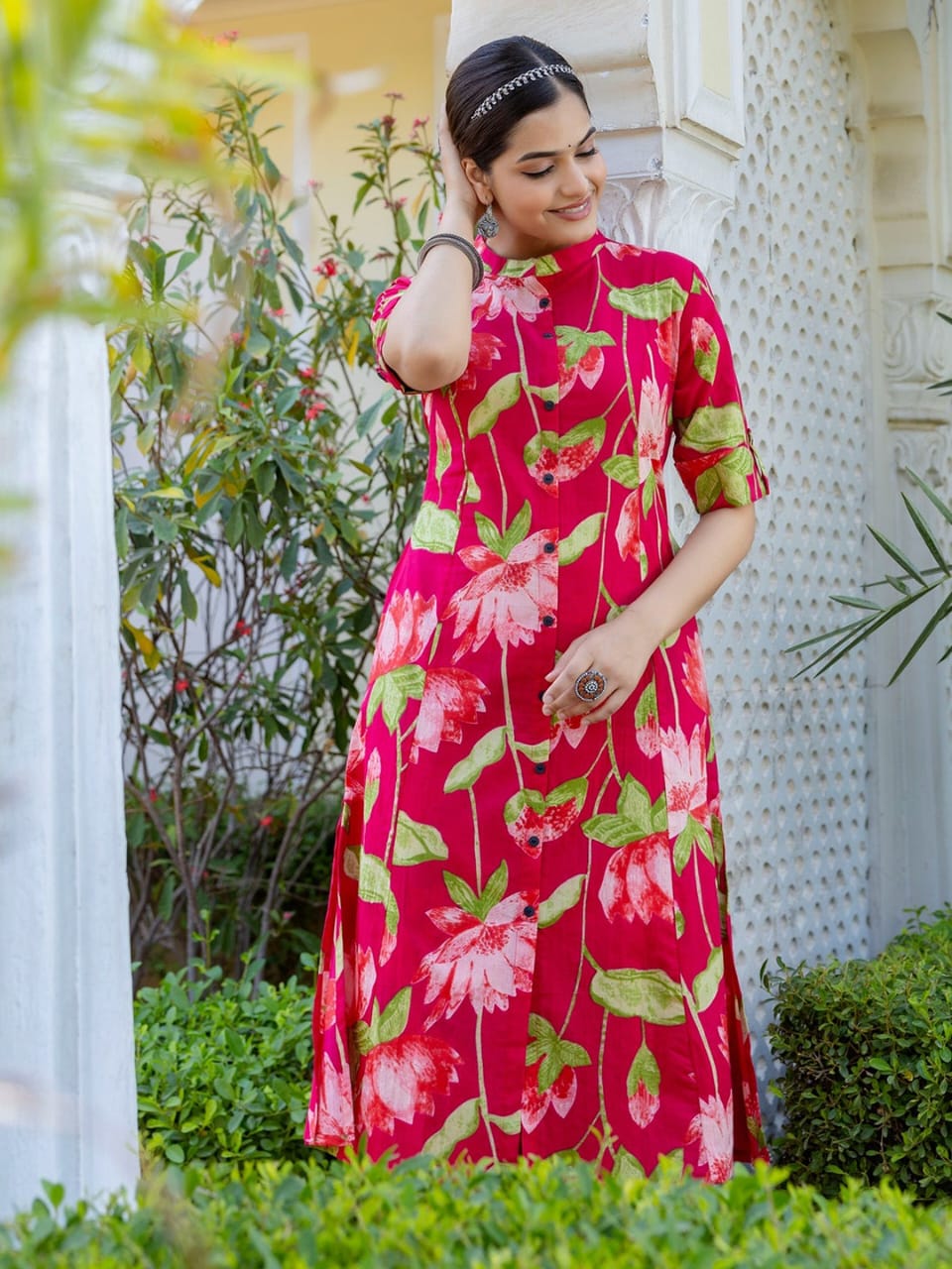 BloomFlair Pink Lotus Print Kurti – Festive Elegance in Every Thread