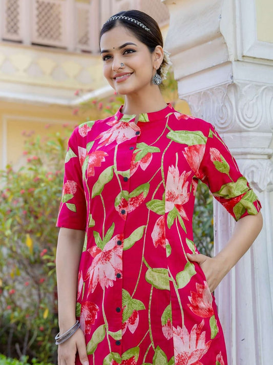 BloomFlair Pink Lotus Print Kurti – Festive Elegance in Every Thread