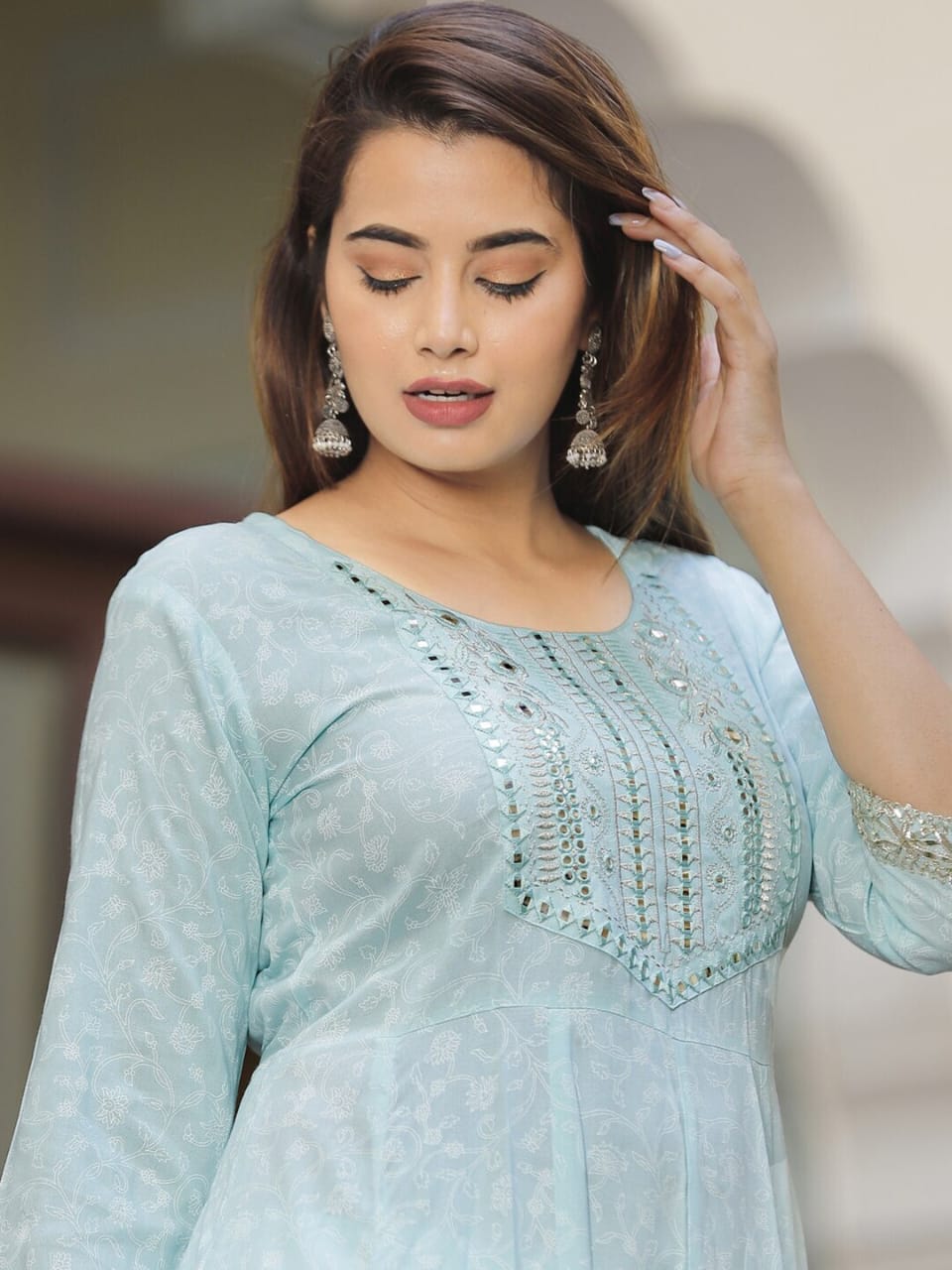NoorSheen Sky Blue Embroidered Anarkali Set – Timeless Grace in Every Stitch