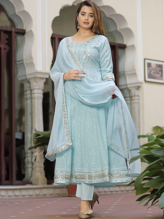 NoorSheen Sky Blue Embroidered Anarkali Set – Timeless Grace in Every Stitch