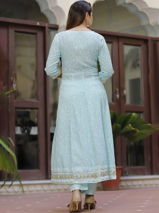 NoorSheen Sky Blue Embroidered Anarkali Set – Timeless Grace in Every Stitch