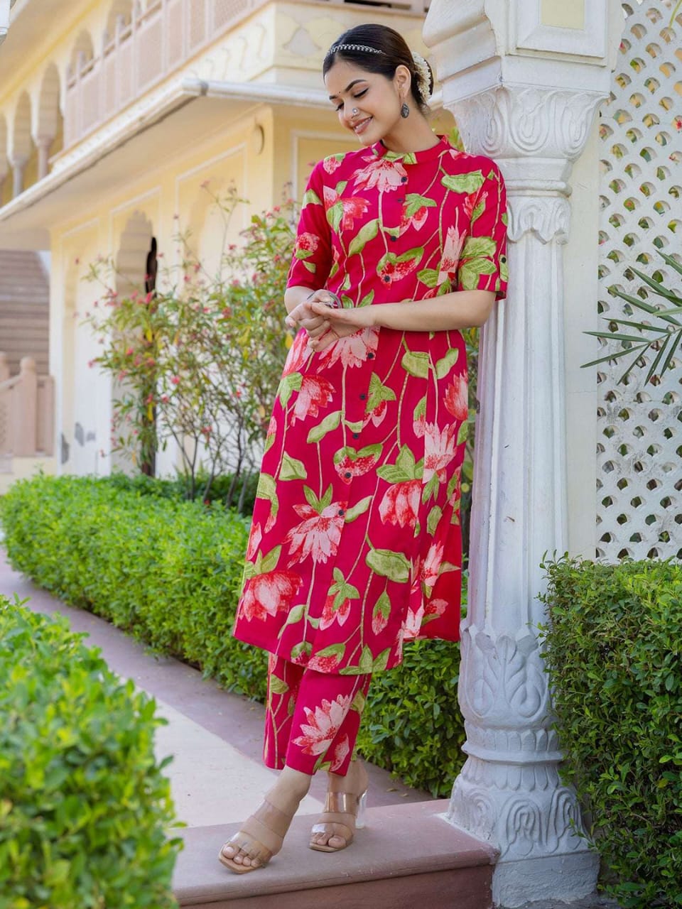 BloomFlair Pink Lotus Print Kurti – Festive Elegance in Every Thread